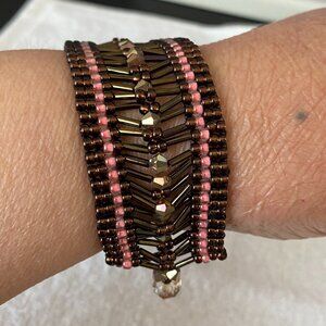 Handsewn 7" Brown & Pink Beaded Bracelet NWOT